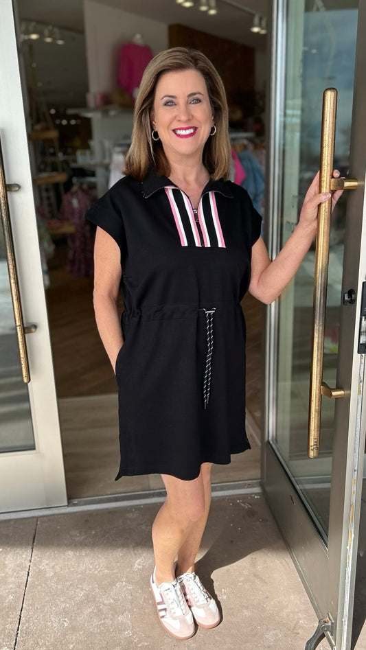 Sporty Tie Waist Dress - Black With Pink Detail