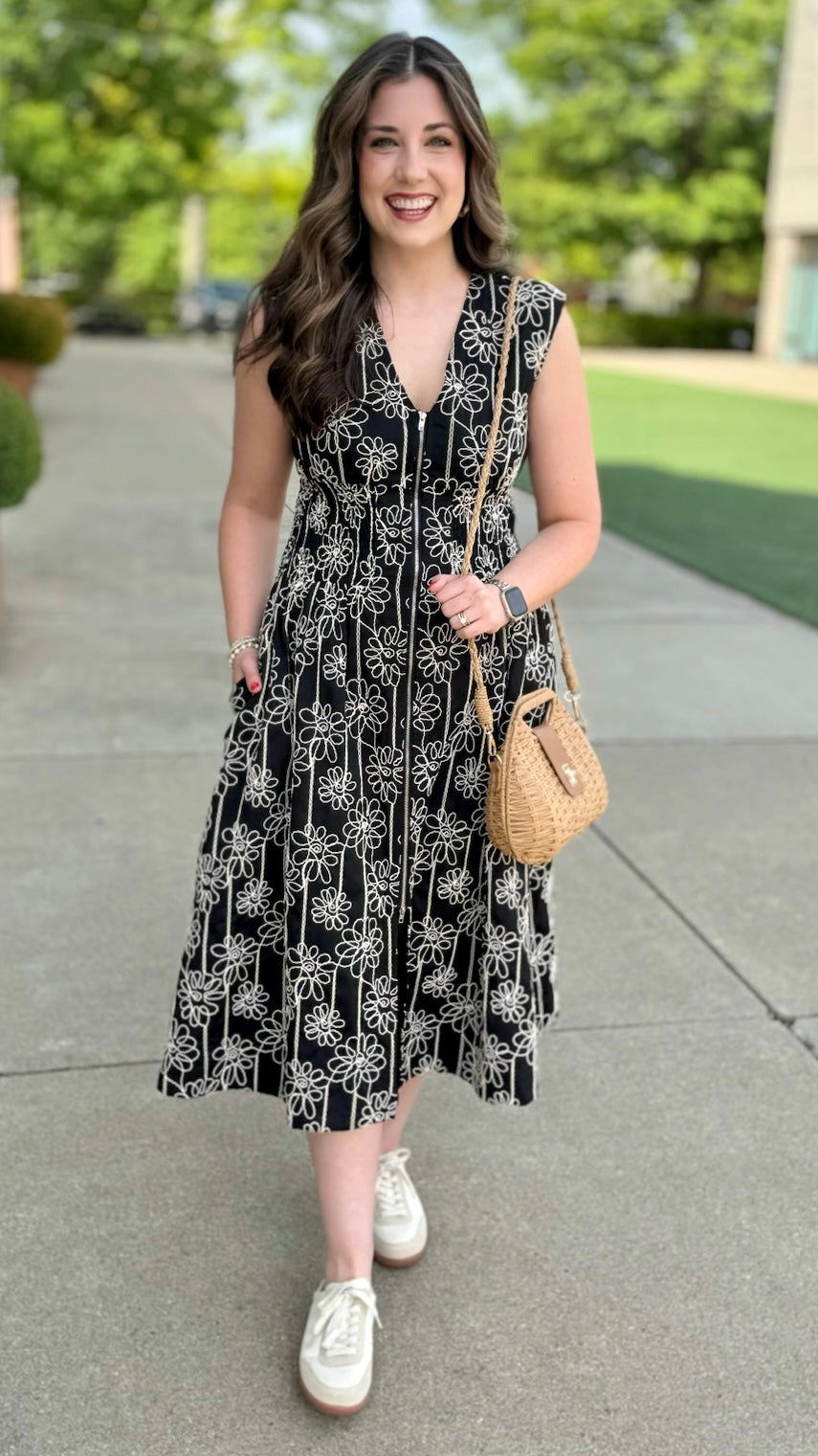 Black Embroidered Midi Zip Dress