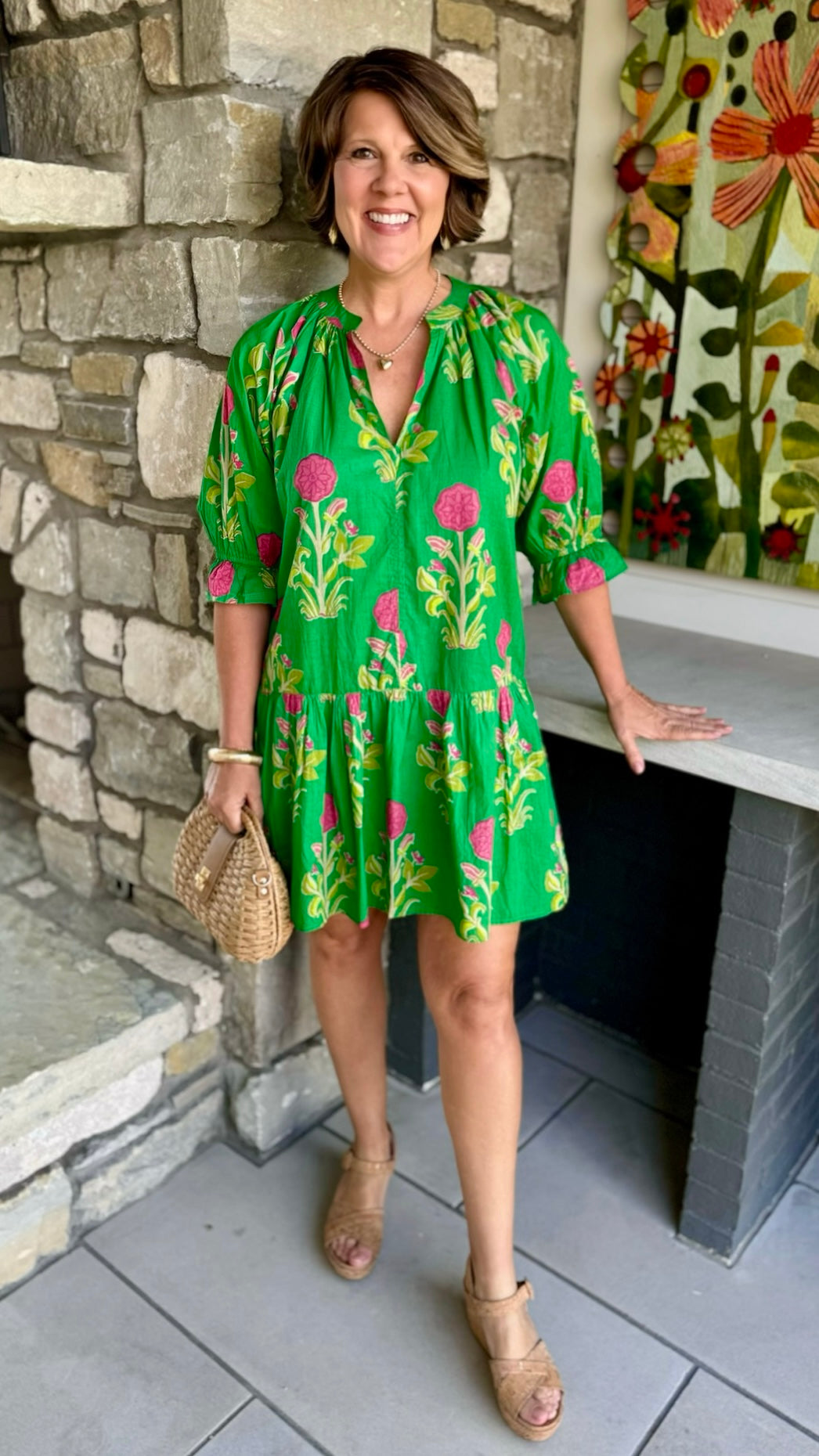 Flora Short Sleeve Flower Print Dress - Green