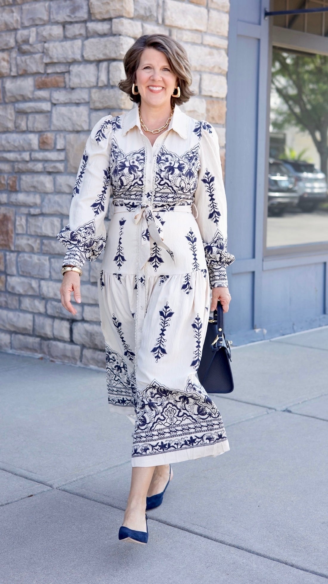 Talia Belted Midi Dress - Taupe / Navy