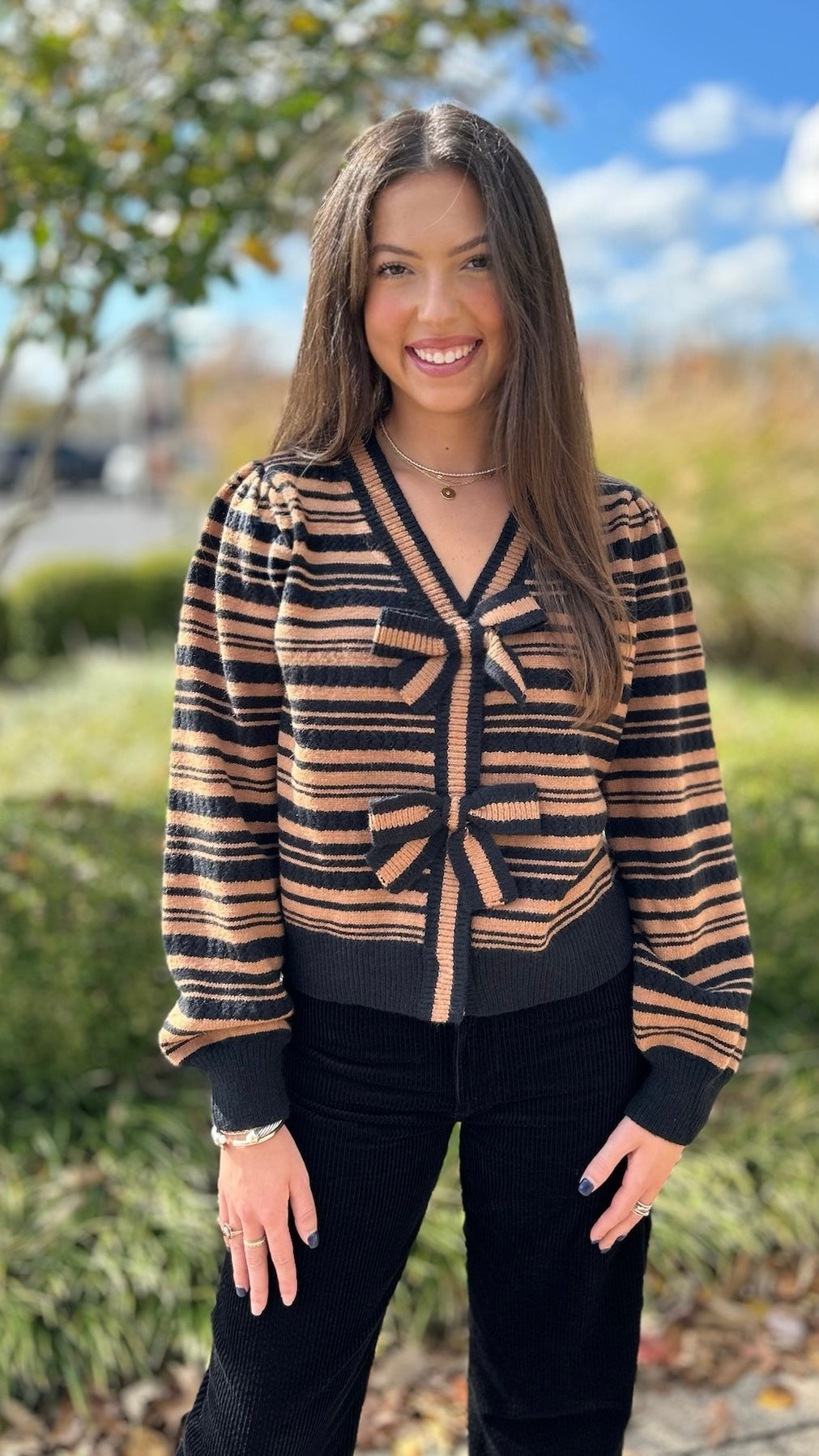 Mocha Stripe Bow Sweater