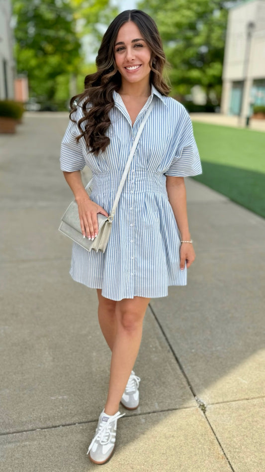 Audrey Pleated Mini Shirt Dress - Blue Stripe