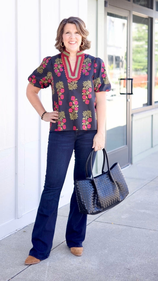 Chloe Floral Top - Black/ Wine