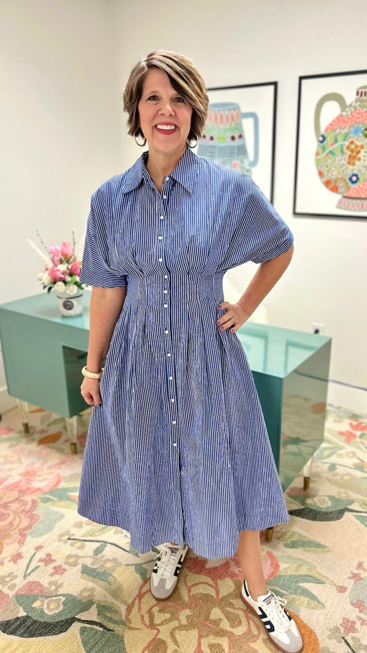 Button Pleated Shirt Dress - Blue