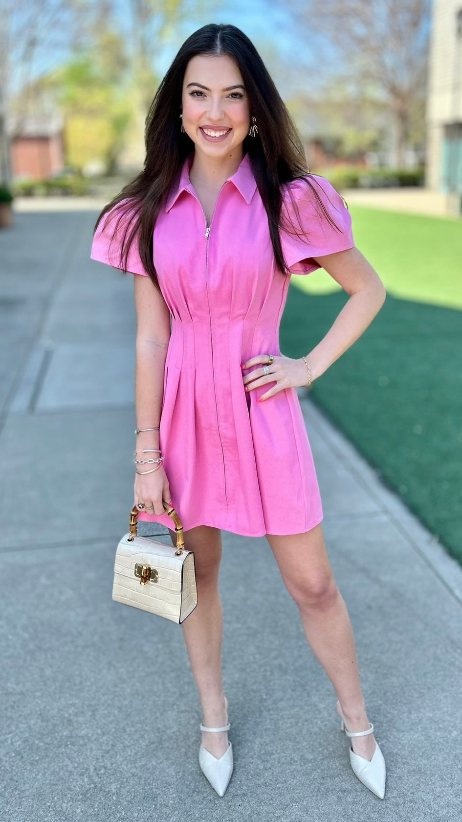 Aubrey Denim Pleat Waist Zip Mini Shirt Dress - Pink