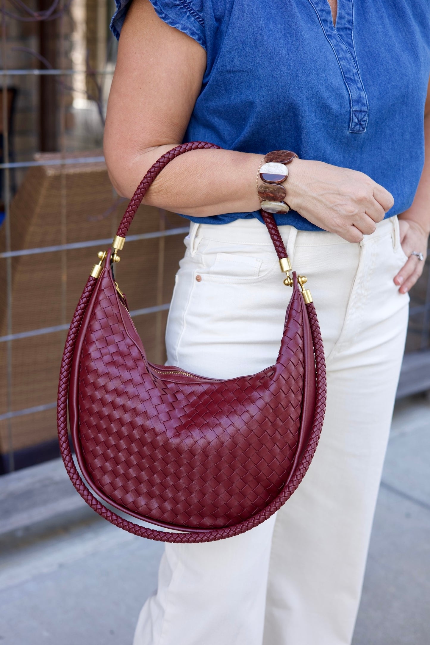 Burgundy Woven Hobo Bag