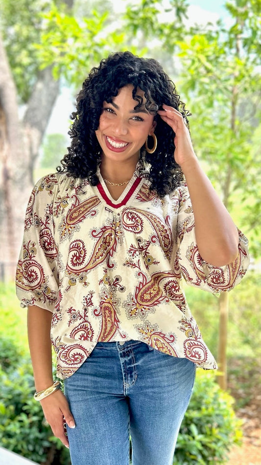 Scarlett Paisley Top - Ivory & Burgundy Mix
