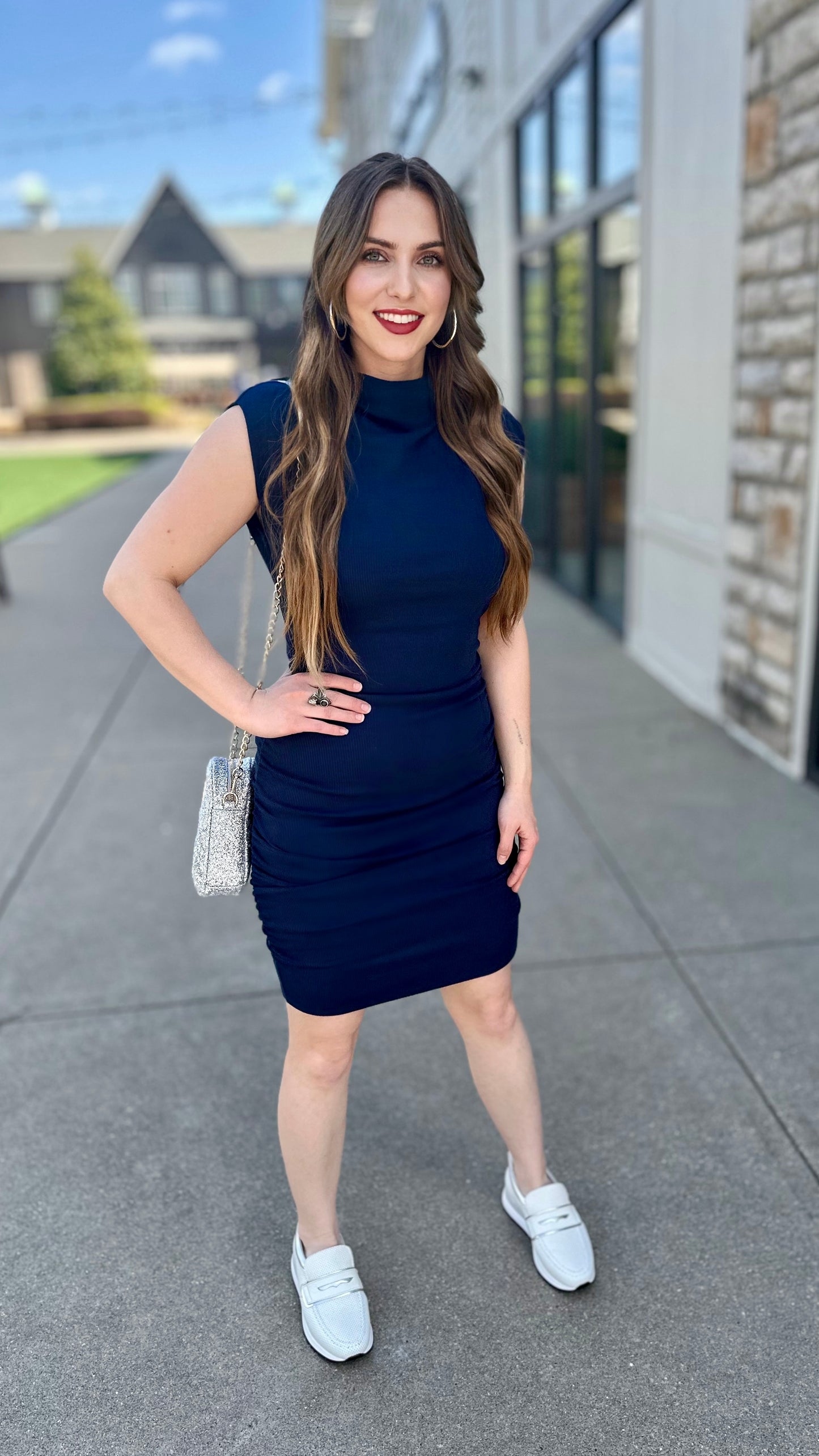 Michael Stars Gia Ribbed Power Shoulder Dress - Navy