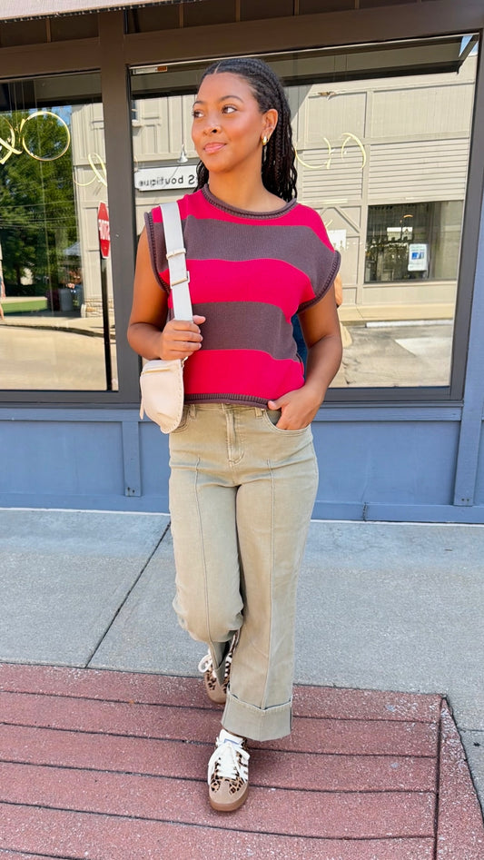 Madelyn Sleeveless Stripe Sweater - Red & Brown