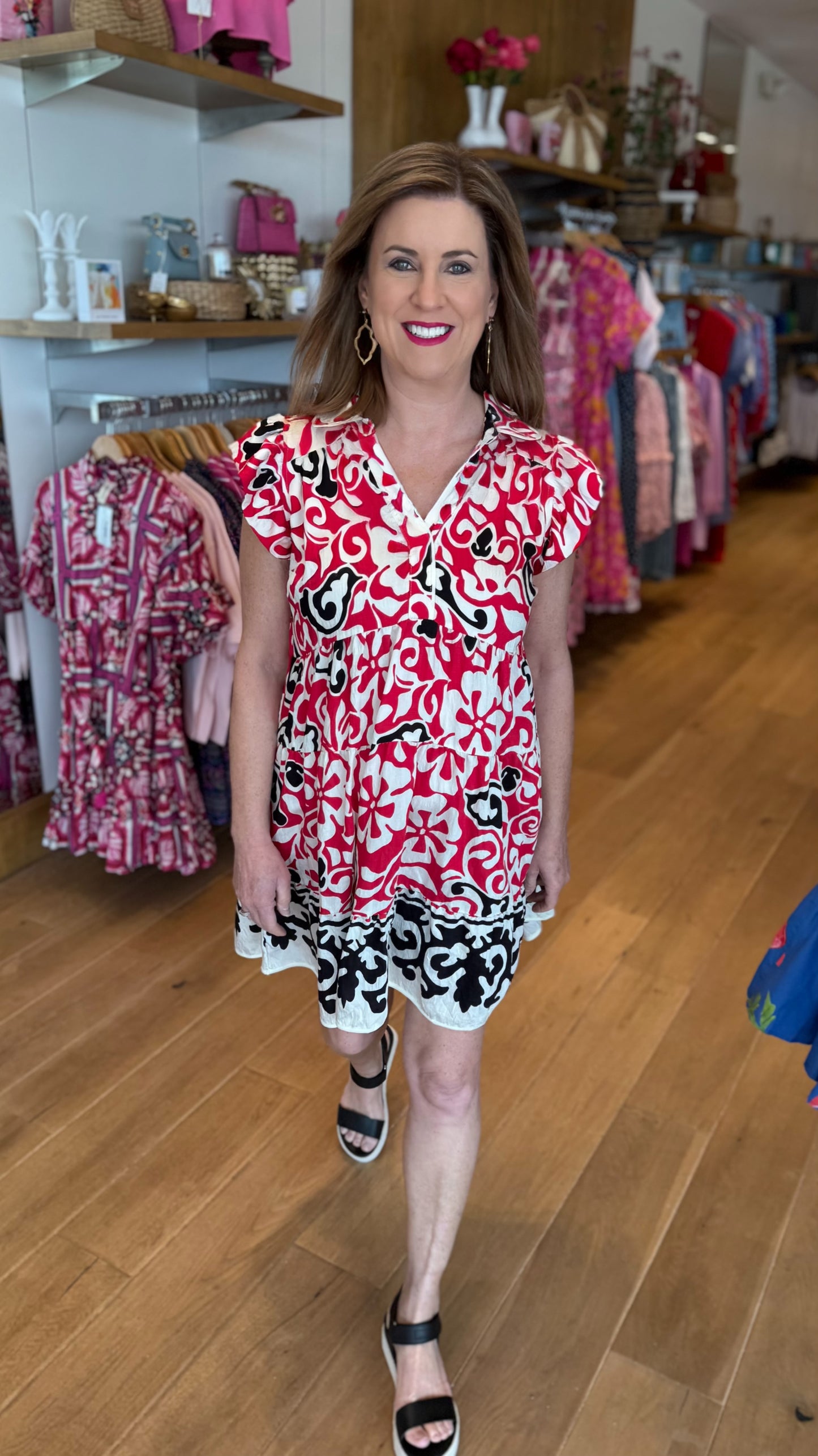 Sophia Abstract Floral Dress - Red