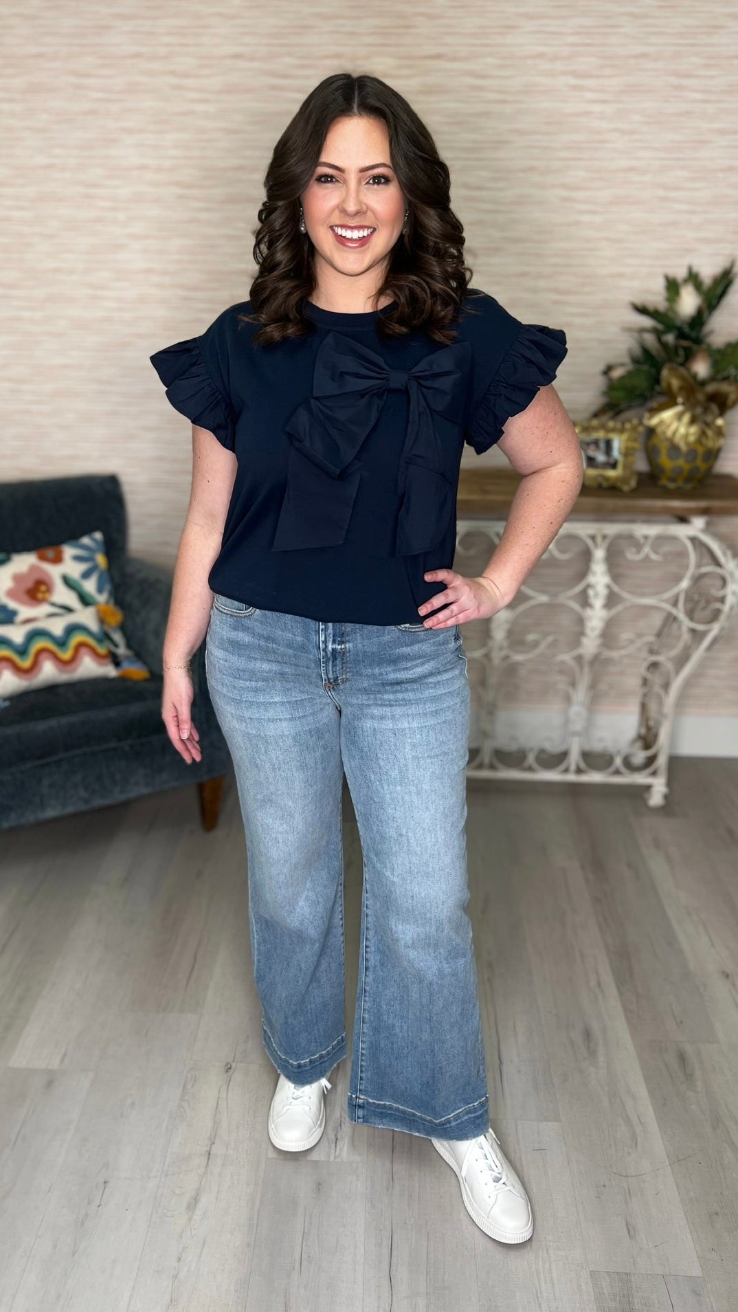 Navy Bow Flutter Sleeve Top