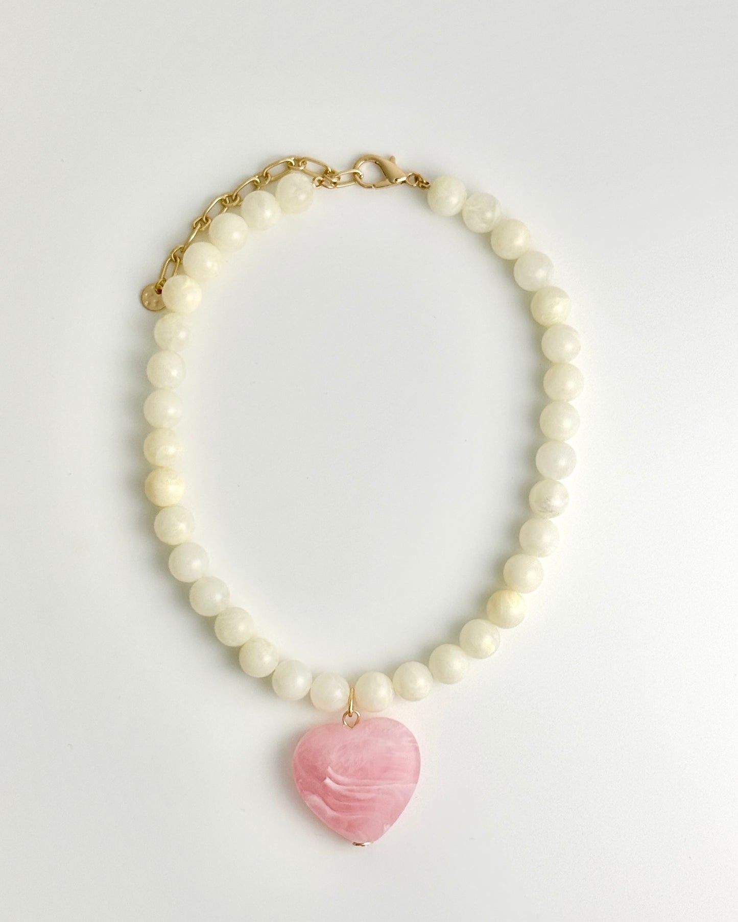 Pink Heart With Ivory Beads Necklace