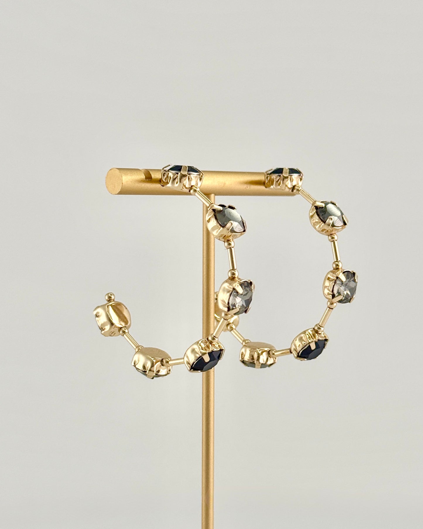Gold With Black Crystal Hoop Earrings