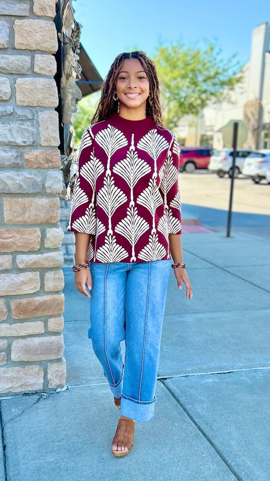 Rosaline Abstract Mock Neck Sweater - Burgundy