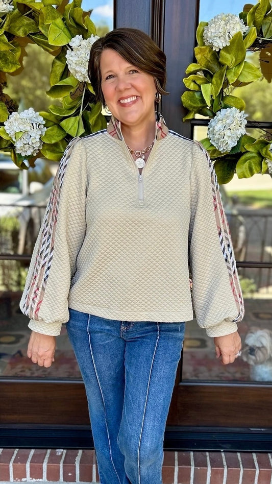 Vienna Quilted Quarter Zip - Beige & Plaid
