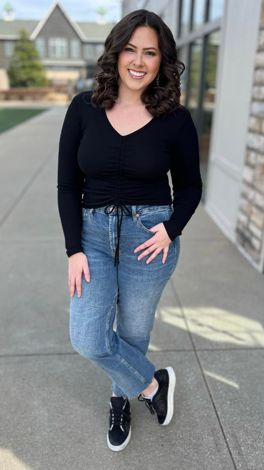 Bobi Shirred Tie V-Neck Ribbed Top - Black