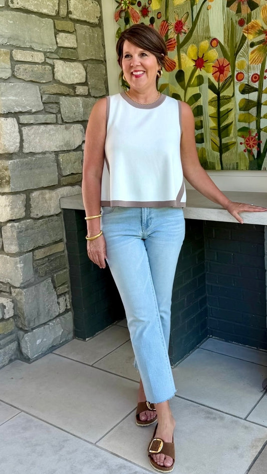 Natasha Sleeveless Top - Ivory with Toffee Trim