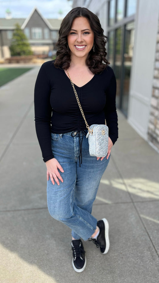 Bobi Shirred Tie V-Neck Ribbed Top - Black