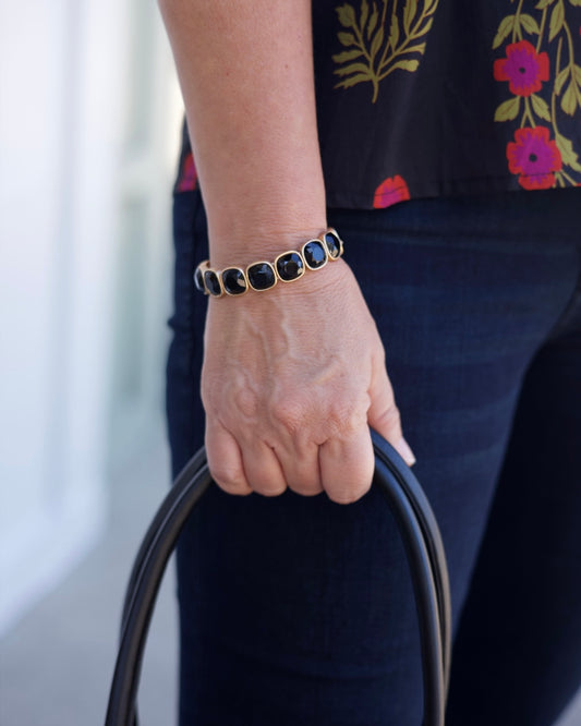 Black Squared Crystal & Gold Stretch Bracelet
