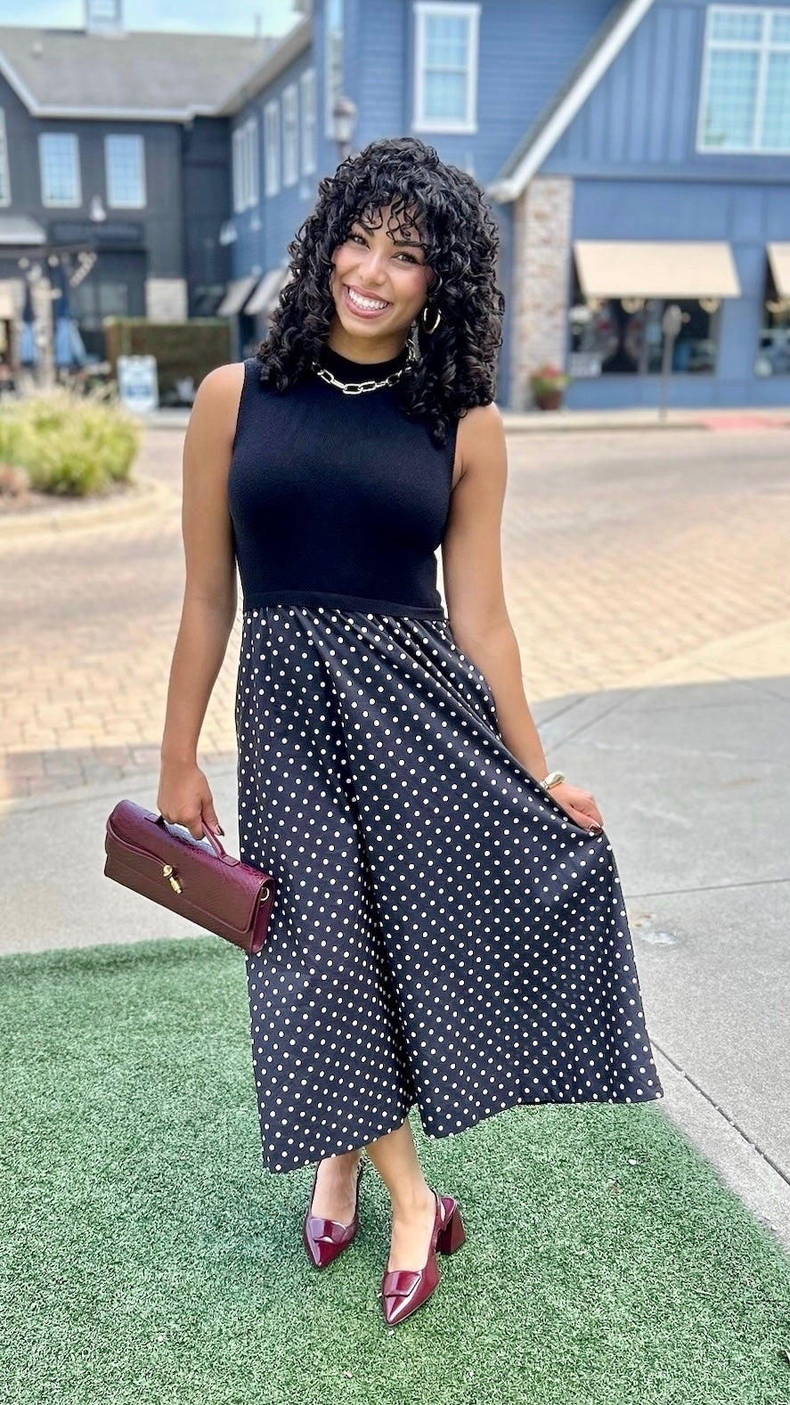 Polka Dot Sweater Top Dress -Black