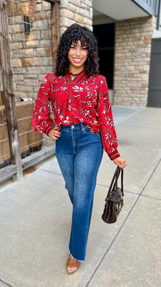 Aster Floral Top - Red & Brown