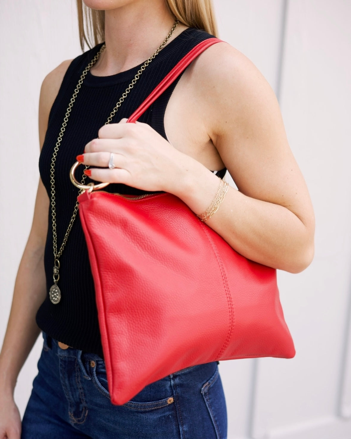 Leather Shoulder Bag - Red