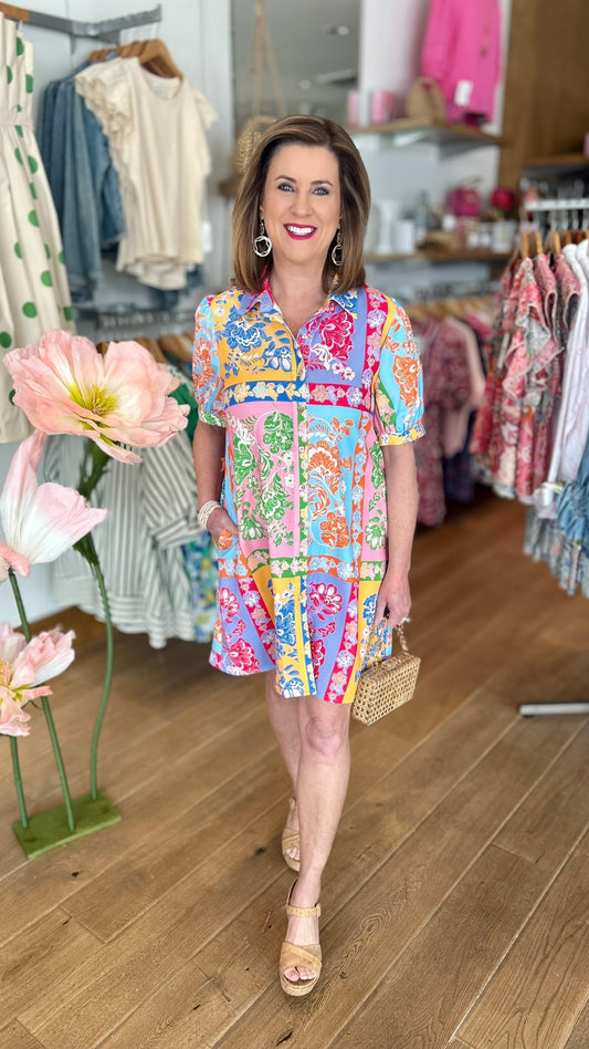 Tropical Floral Tie Shirt Dress - Multi