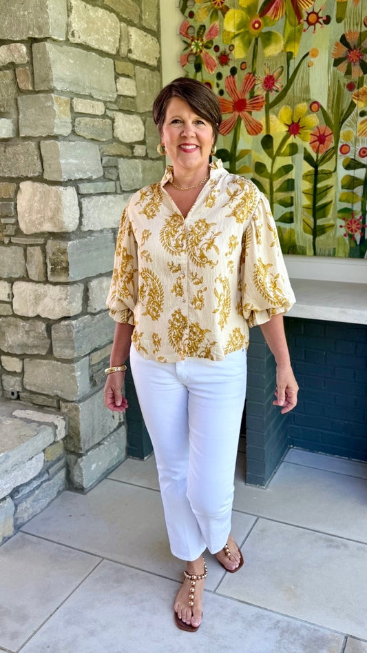 Daniella Button Up Blouse - Ivory & Mustard