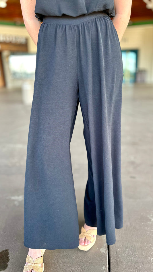 Black Matte Crepe Wide Leg Pants