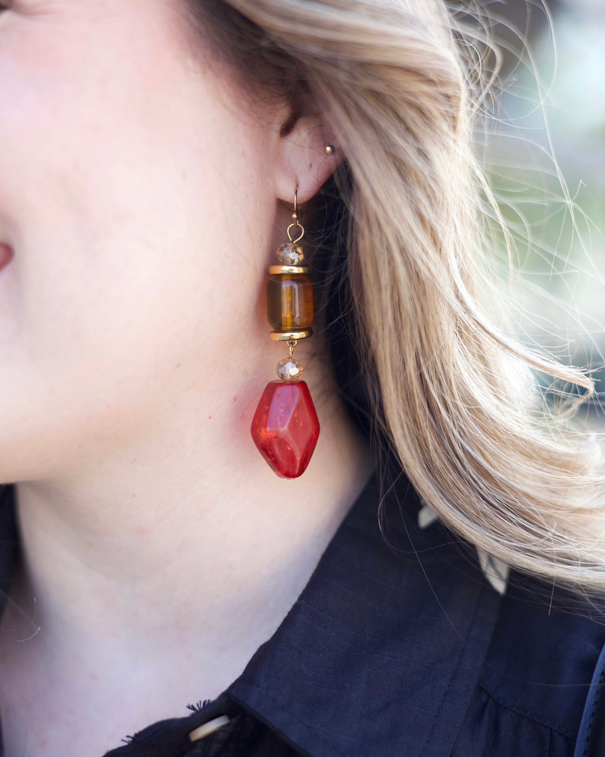 Gold and Red Stone Shape Earrings
