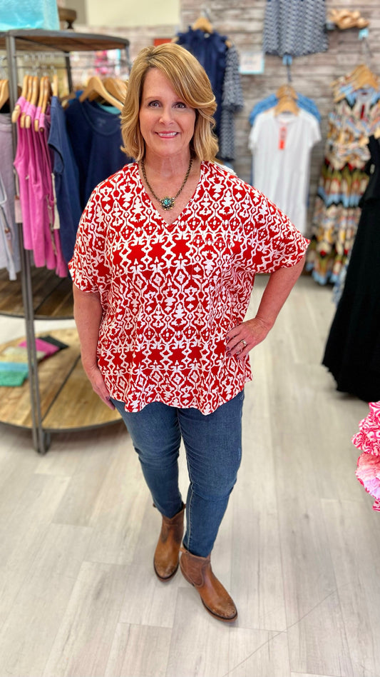 Patterned Short Sleeve Top - Red and White