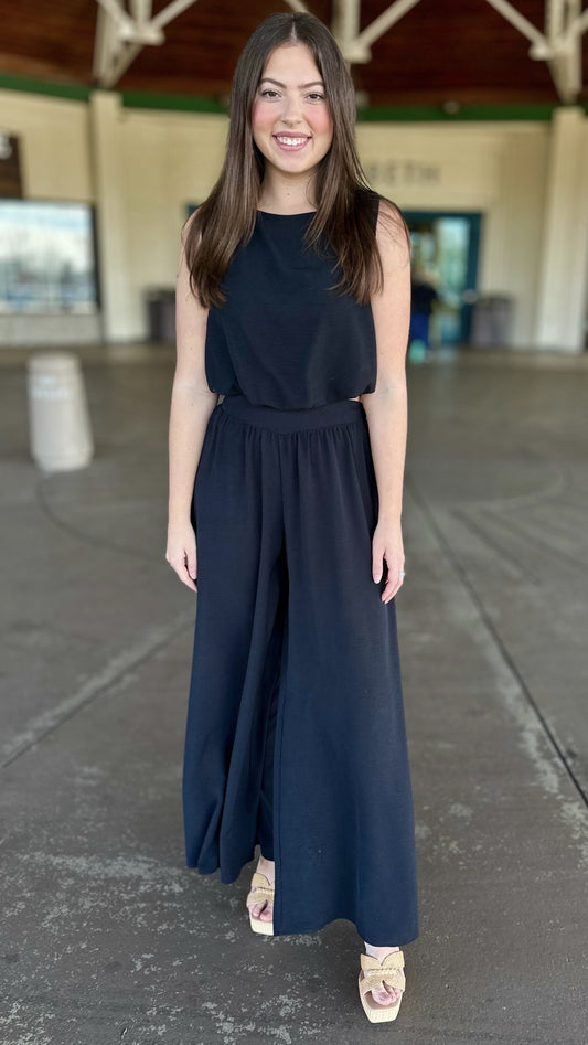 Black Matte Crepe Wide Leg Pants