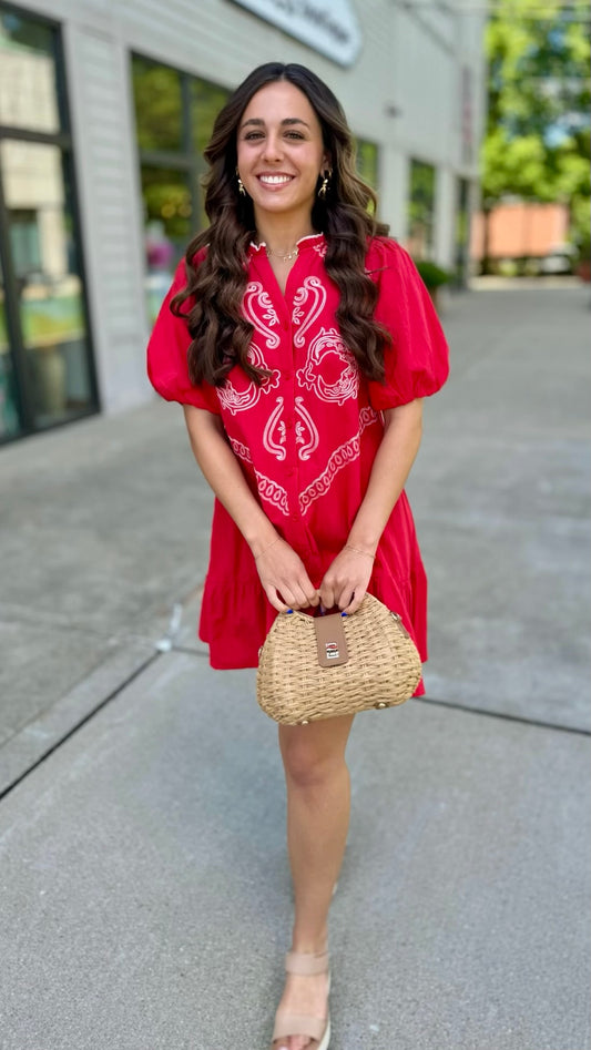 Santa Fe Embroidered Dress- Red