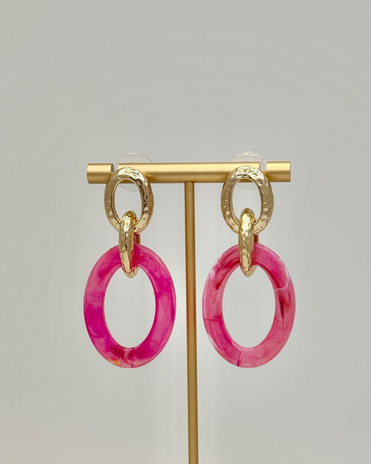 Gold and Acrylic Oval Earrings - Pink