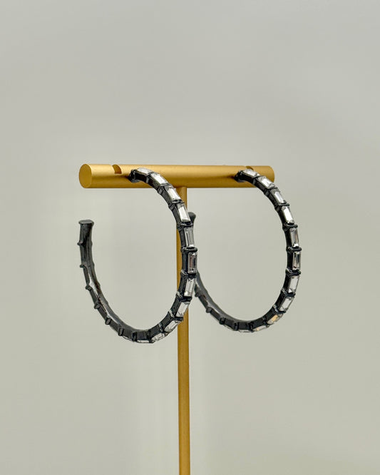 Baguette Bead Open Hoop Earrings - Hematite