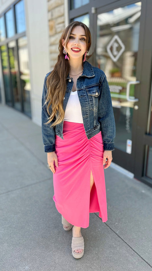 Bobi Shiloh Shirred High Slit Skirt - Pink