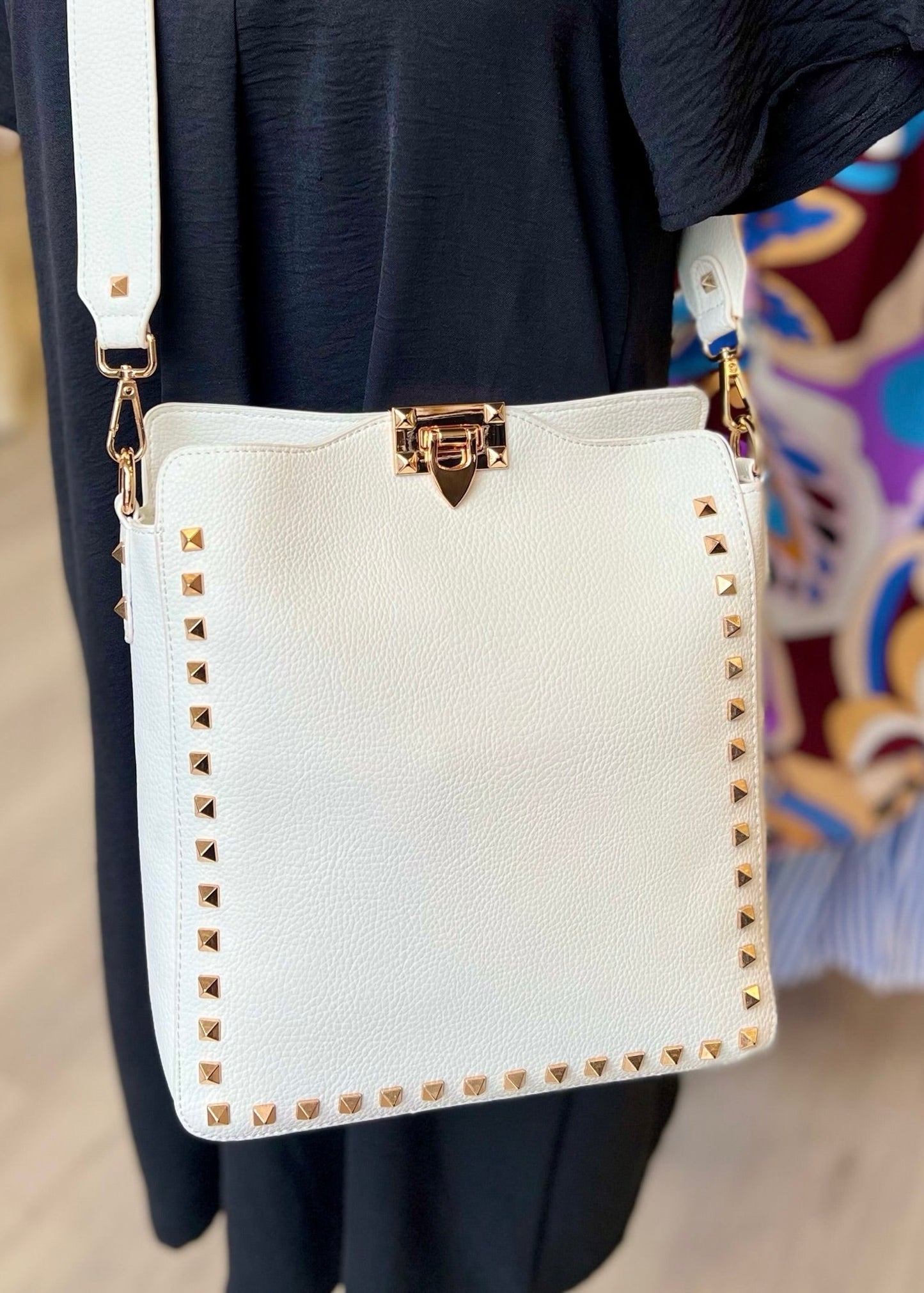 Faux Leather Studded Satchel - White