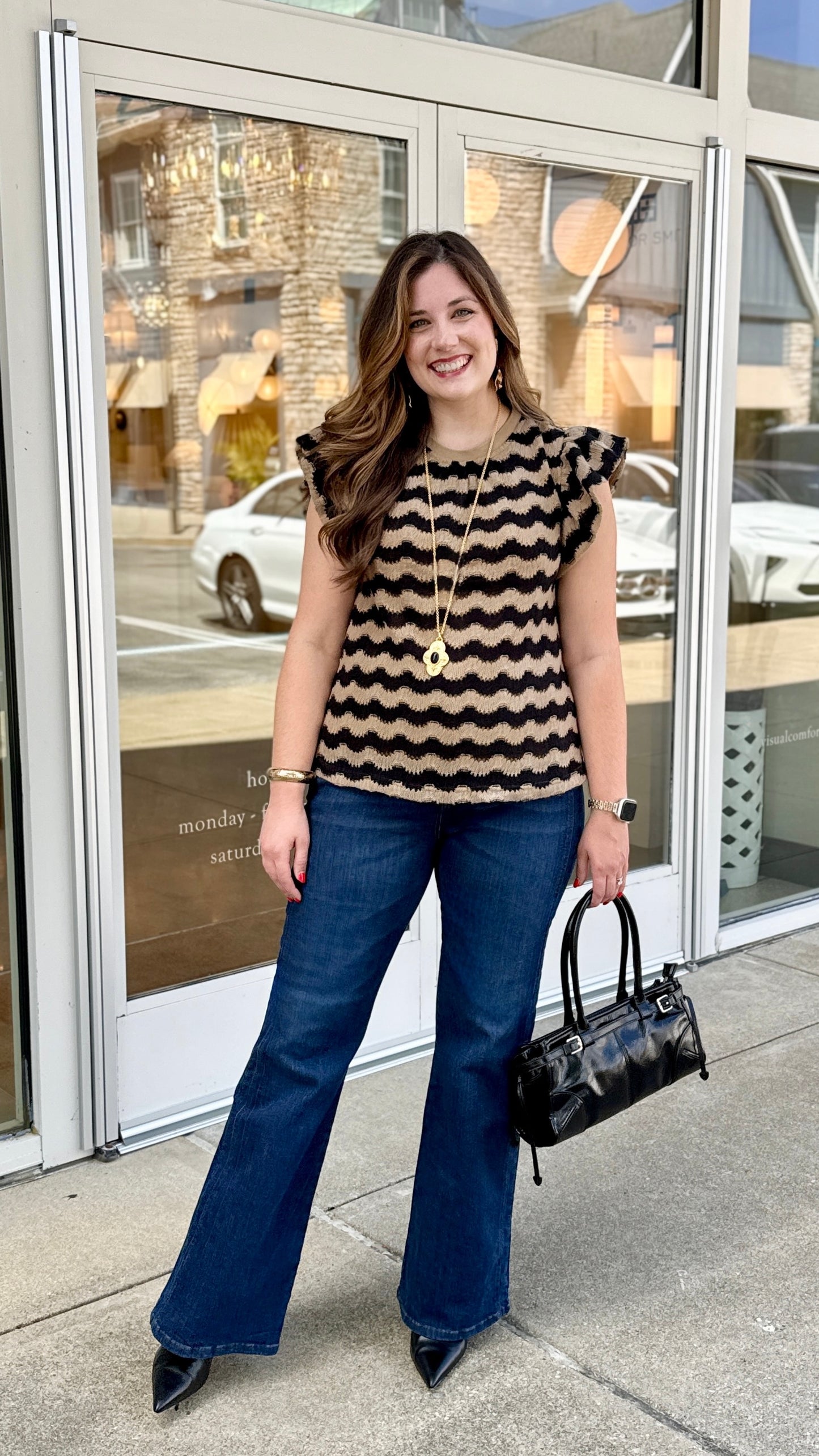 Ruffle Wavy Stripe Sweater - Brown