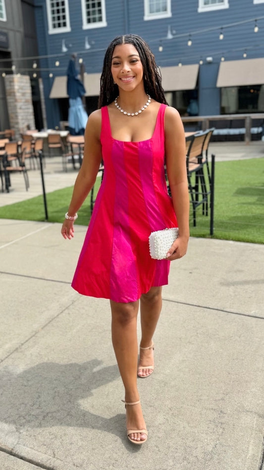 Madison Color Block Mini Dress - Red/Magenta