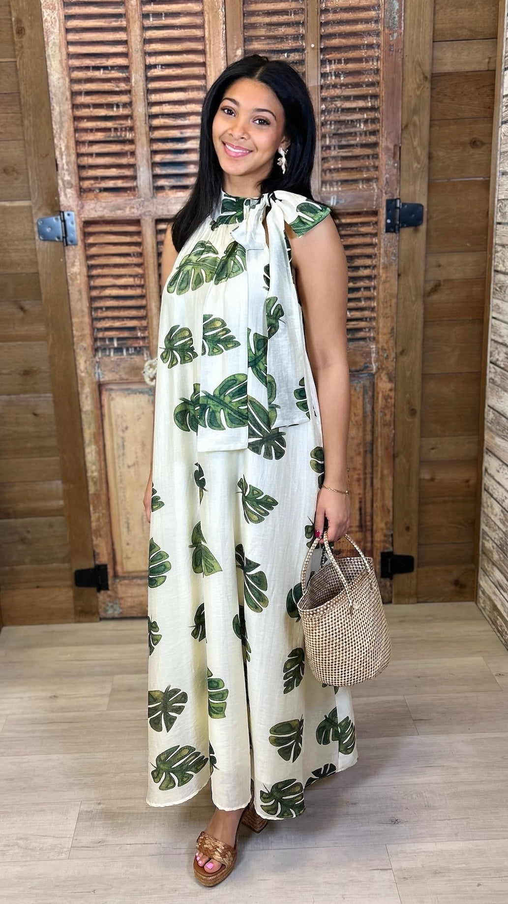 Fallon Palm Halter Dress - Cream