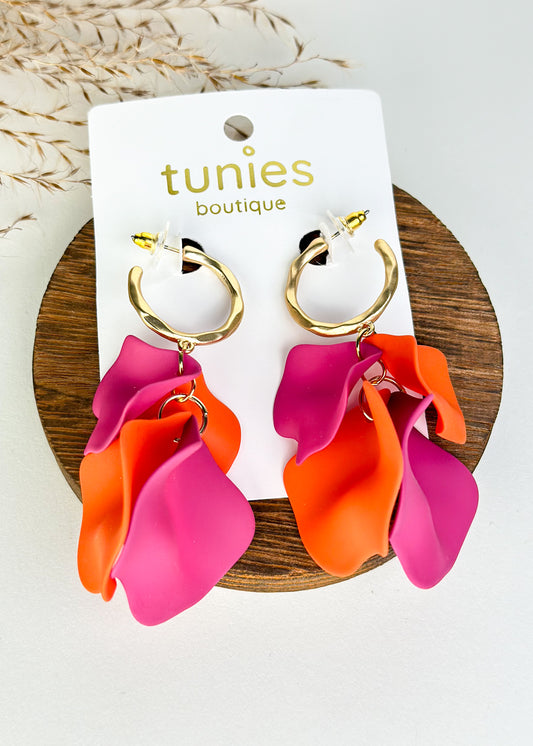 Color Coated Petal Earrings - Orange/ Fuchsia