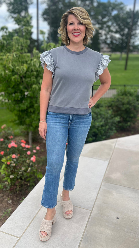 Striped Flutter Sleeve Sweatshirt - Gray