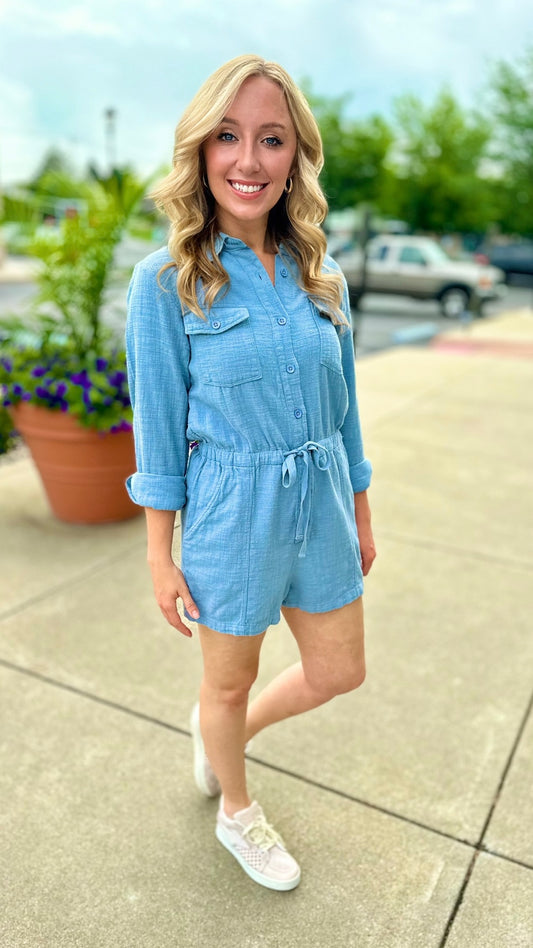 Bobi Cotton Rolled Sleeve Romper - River