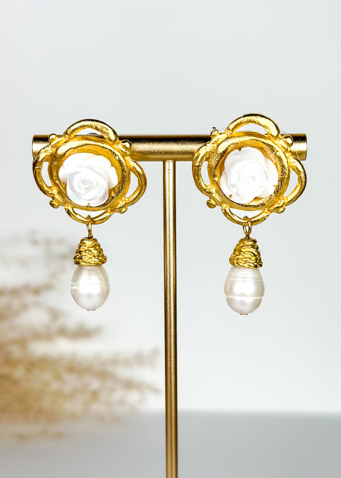 Susan Shaw White Rose & Pearl Drop Earrings