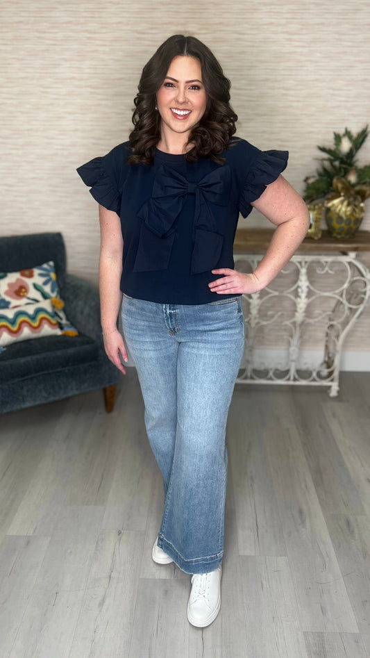 Navy Bow Flutter Sleeve Top