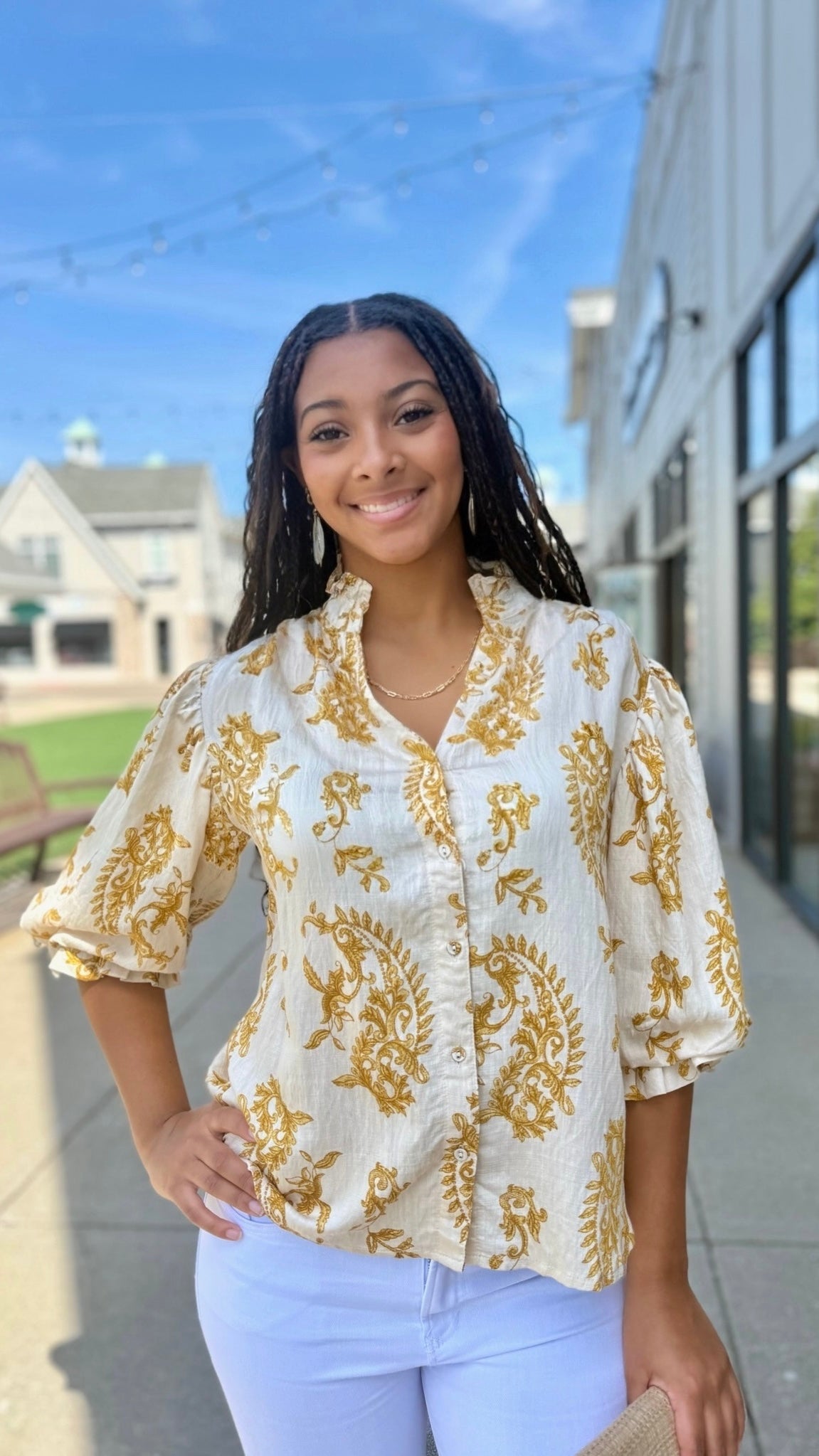 Daniella Button Up Blouse - Ivory & Mustard