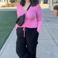 Bobi Shirred Tie V-Neck Ribbed Top - Bright Pink