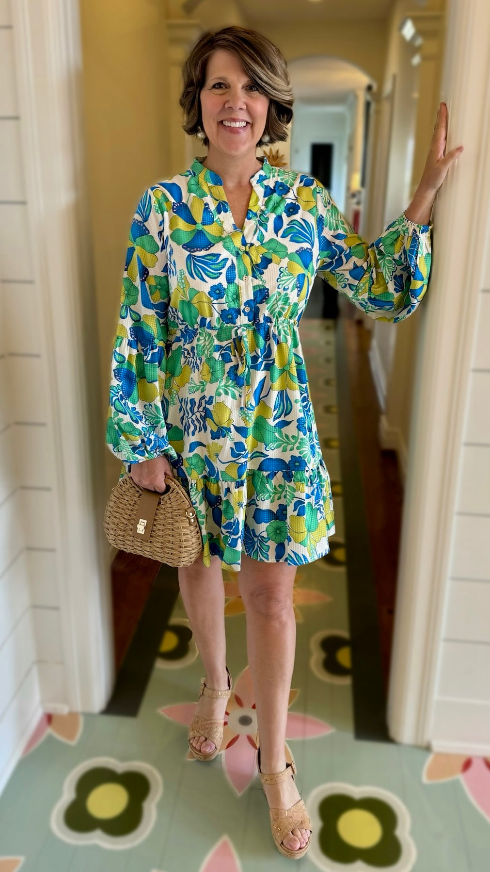 Hibiscus Print Tie Cinch Waist Dress - Blue Mix