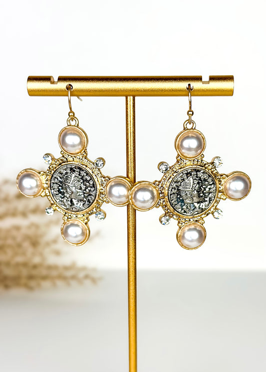 Coin & Pearl Cross Drop Earrings