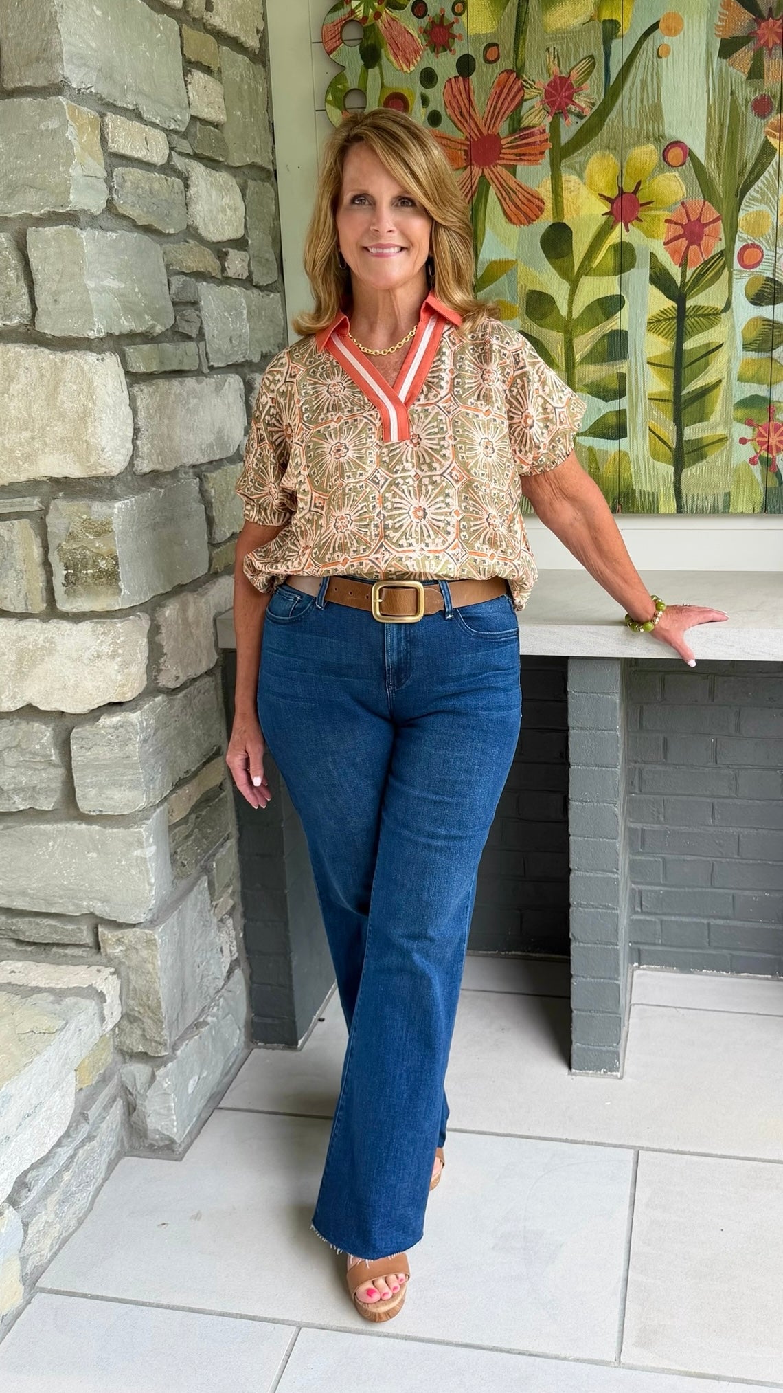 Celeste Collared Top - Rust & Olive